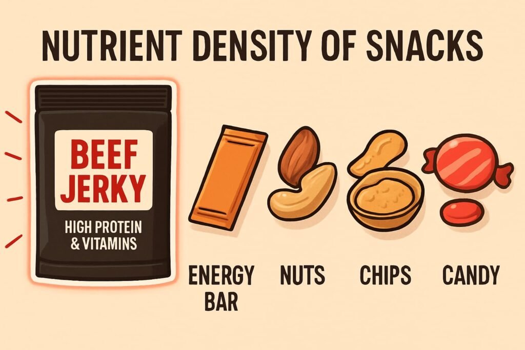Nutrient density comparison of snacks featuring beef jerky with high protein and vitamins alongside energy bar nuts chips and candy illustrated visually.