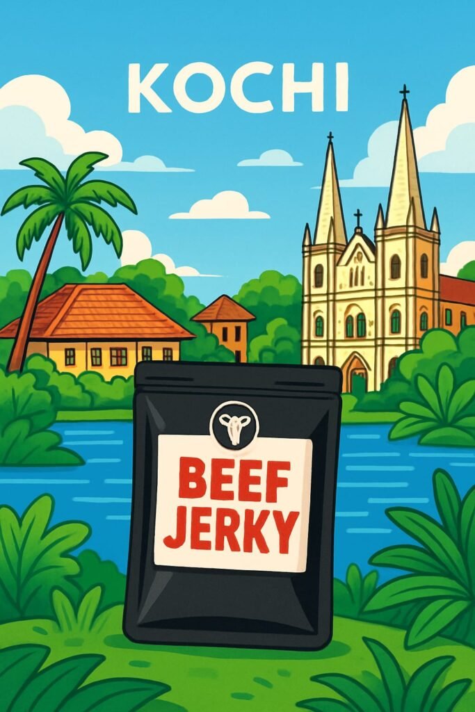 Illustrated scene of Kochi, kerala with palm trees, a classic church, and tiled houses beside a river, featuring a spicey black beef jerky packet with red lettering in the foreground.