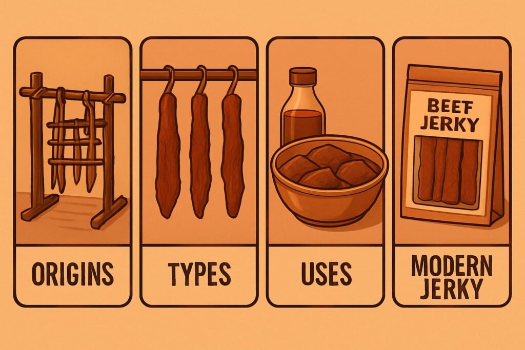 Illustration depicting the journey of beef jerky from its origins and types to its uses and modern packaging highlighting the evolution of this popular snack.
