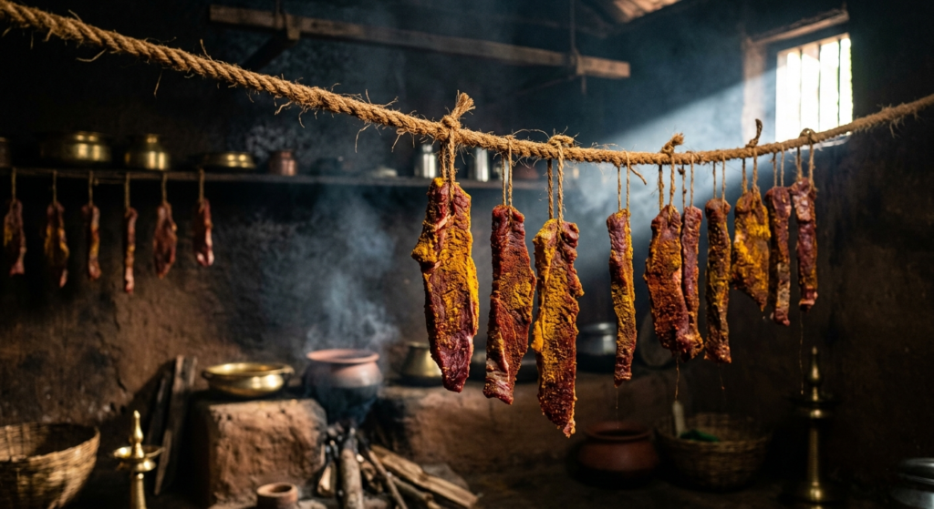 Thick strips of spice-coated raw beef hanging on a coir rope in a traditional sunlit Kerala kitchen.