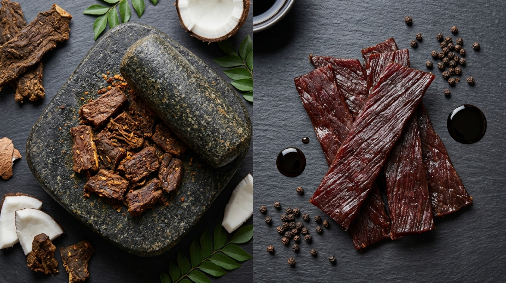 A side-by-side visual comparison of rock-hard unakka irachi in a stone mortar and pliable modern beef jerky strips.
