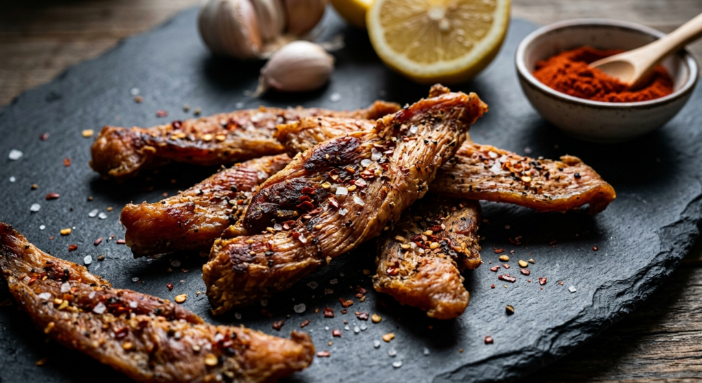 Close-up of premium, spiced chicken jerky strips for humans on a dark slate board with garlic and paprika.