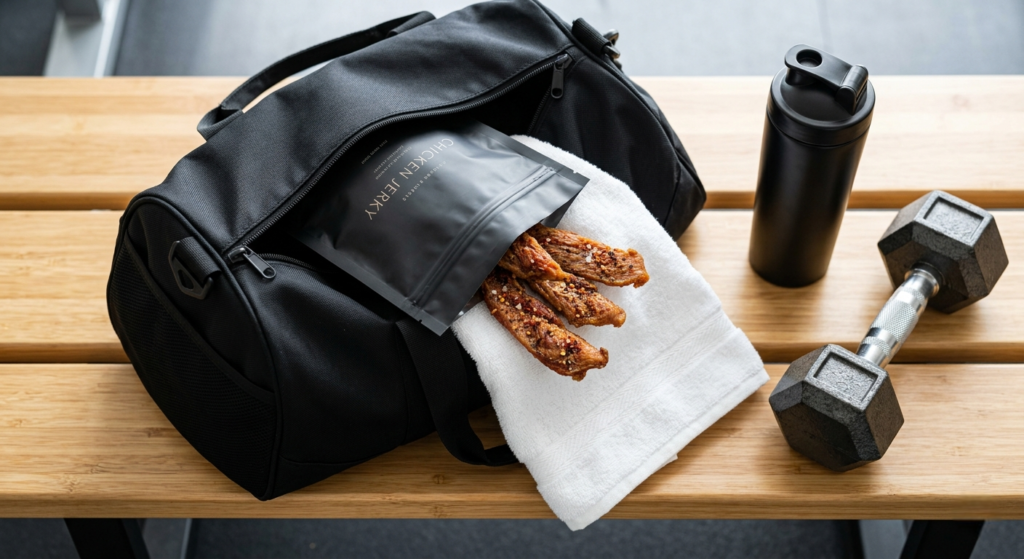 An open bag of premium chicken jerky spilling onto a gym towel next to a shaker bottle and a dumbbell.