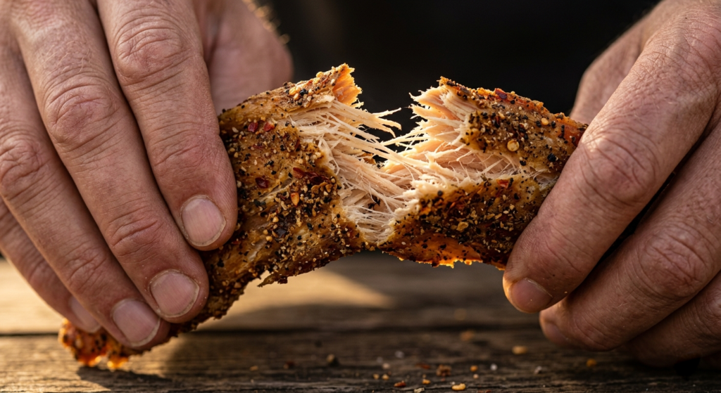 Macro photography of a person tearing a piece of lean chicken jerky in half, revealing the dense, cured white muscle fibers inside.