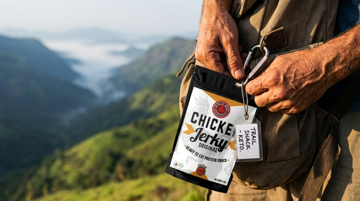 Close-up of rugged hands clipping a bag of Kochin Jerky strips with a 'TRAIL SNACK - KETO' tag to a hiking backpack against a mountain view.