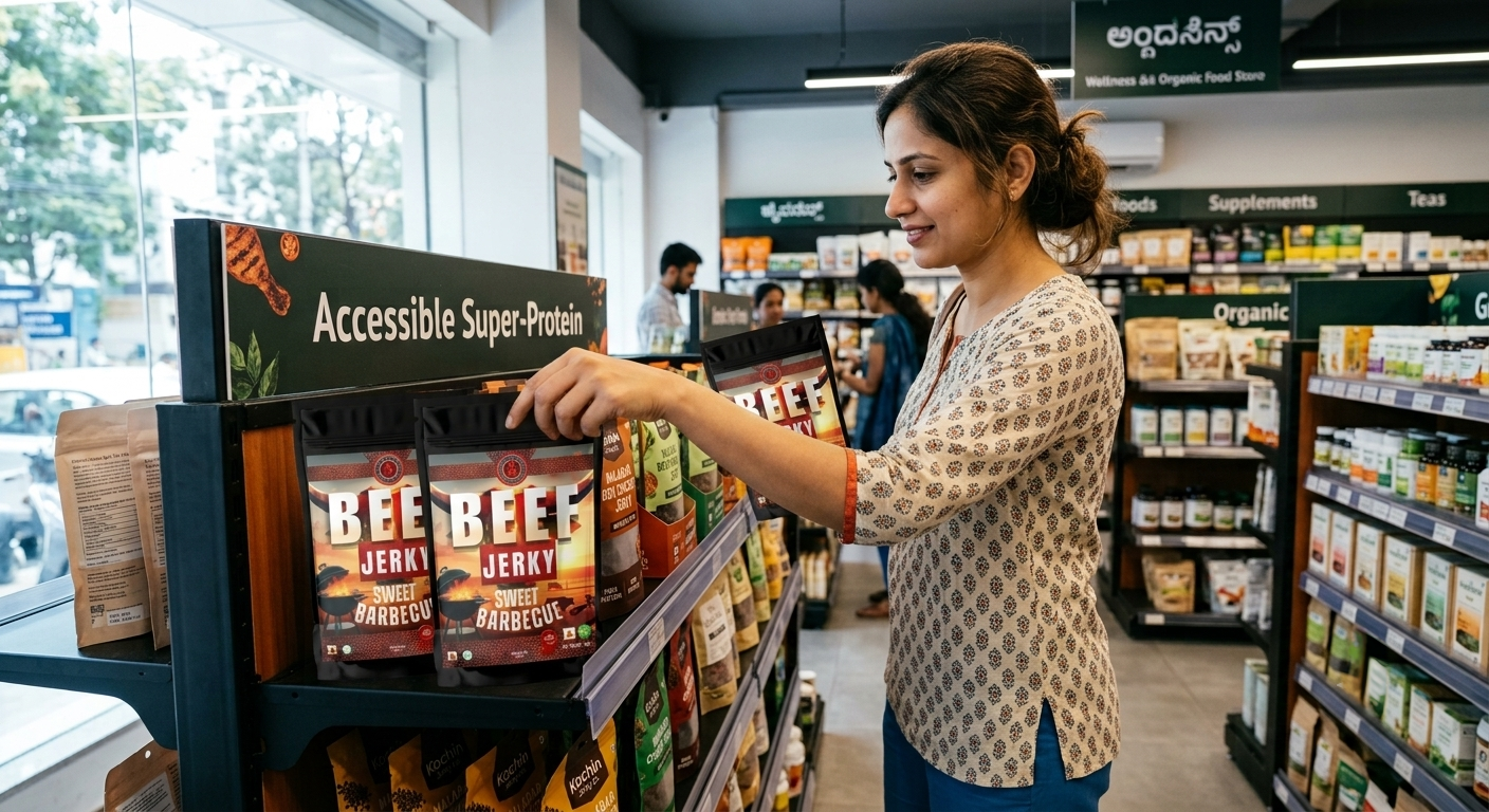 A candid photo of a woman in a smart casual outfit reaching for a bag of Kochin Jerky (Malabar BBQ Chicken) from an "ACCESSIBLE SUPER-PROTEIN" display inside a clean store in Bengaluru.