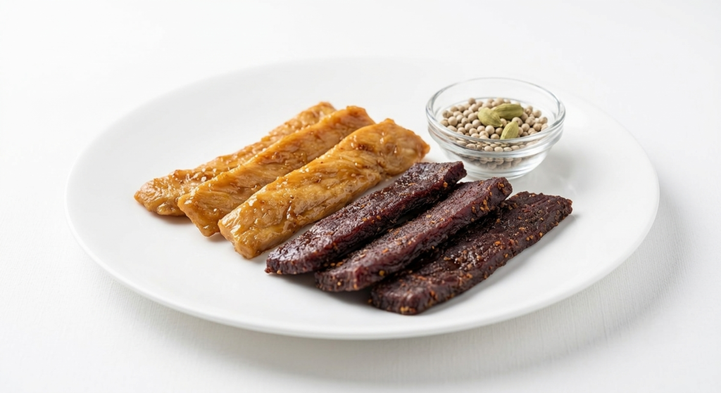 A high-key close-up of a plate with golden-brown chicken jerky strips and dark, robust beef jerky strips, next to bowls of white pepper and green cardamom.