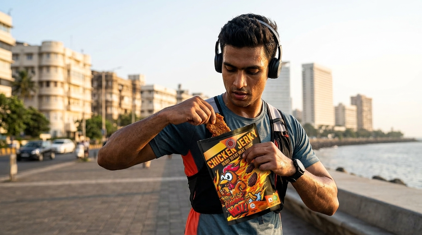 A high-intensity photo of a male Indian runner in a vest on Marine Drive, Mumbai, reaching into a pocket to grab a pouch of Kochin Jerky