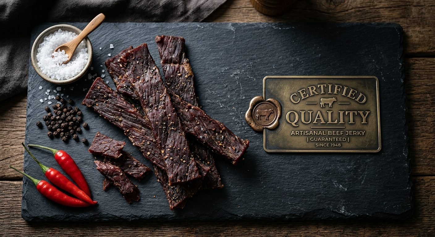 Premium halal beef jerky strips on a slate board surrounded by pure, raw spices like peppercorns and sea salt.