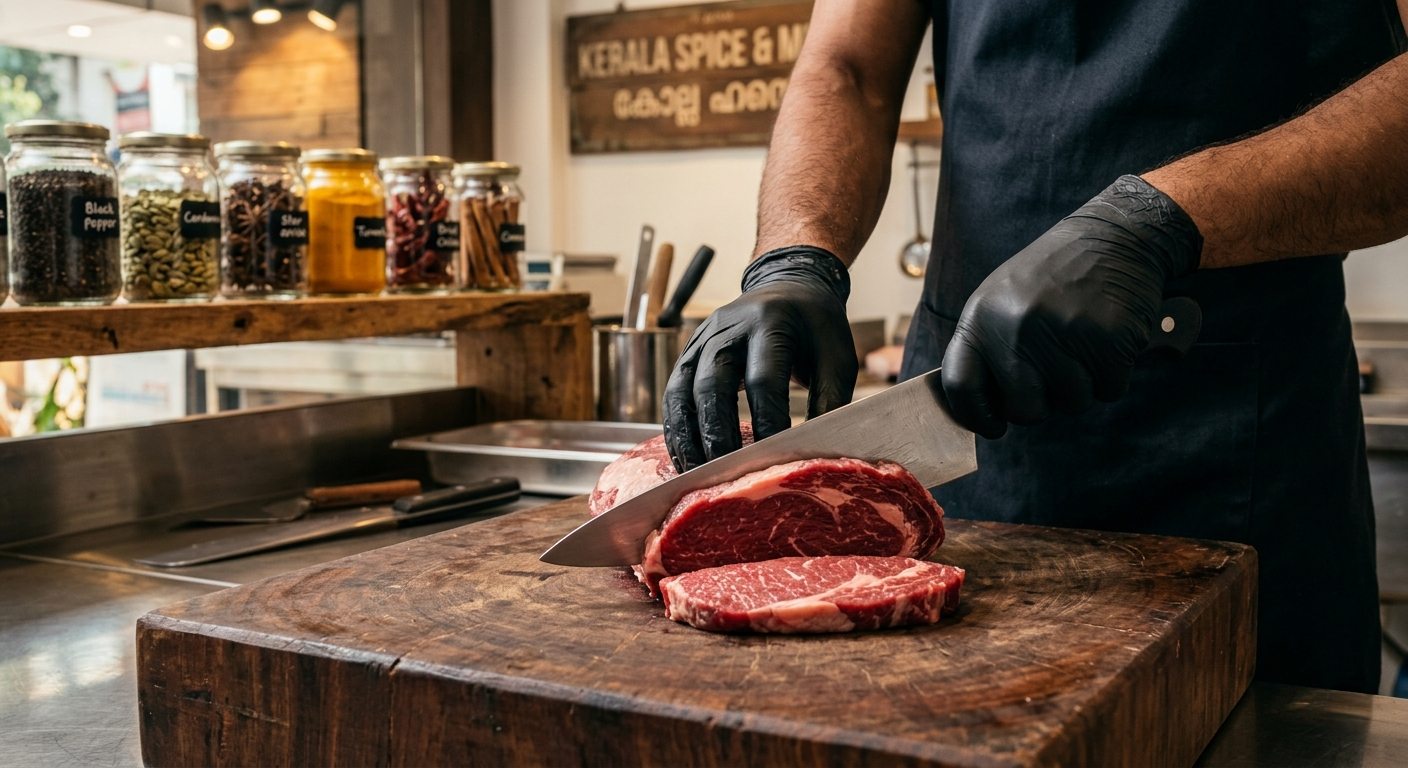 A professional butcher wearing black gloves carefully slicing a raw, lean cut of Zabihah beef on a wooden block.