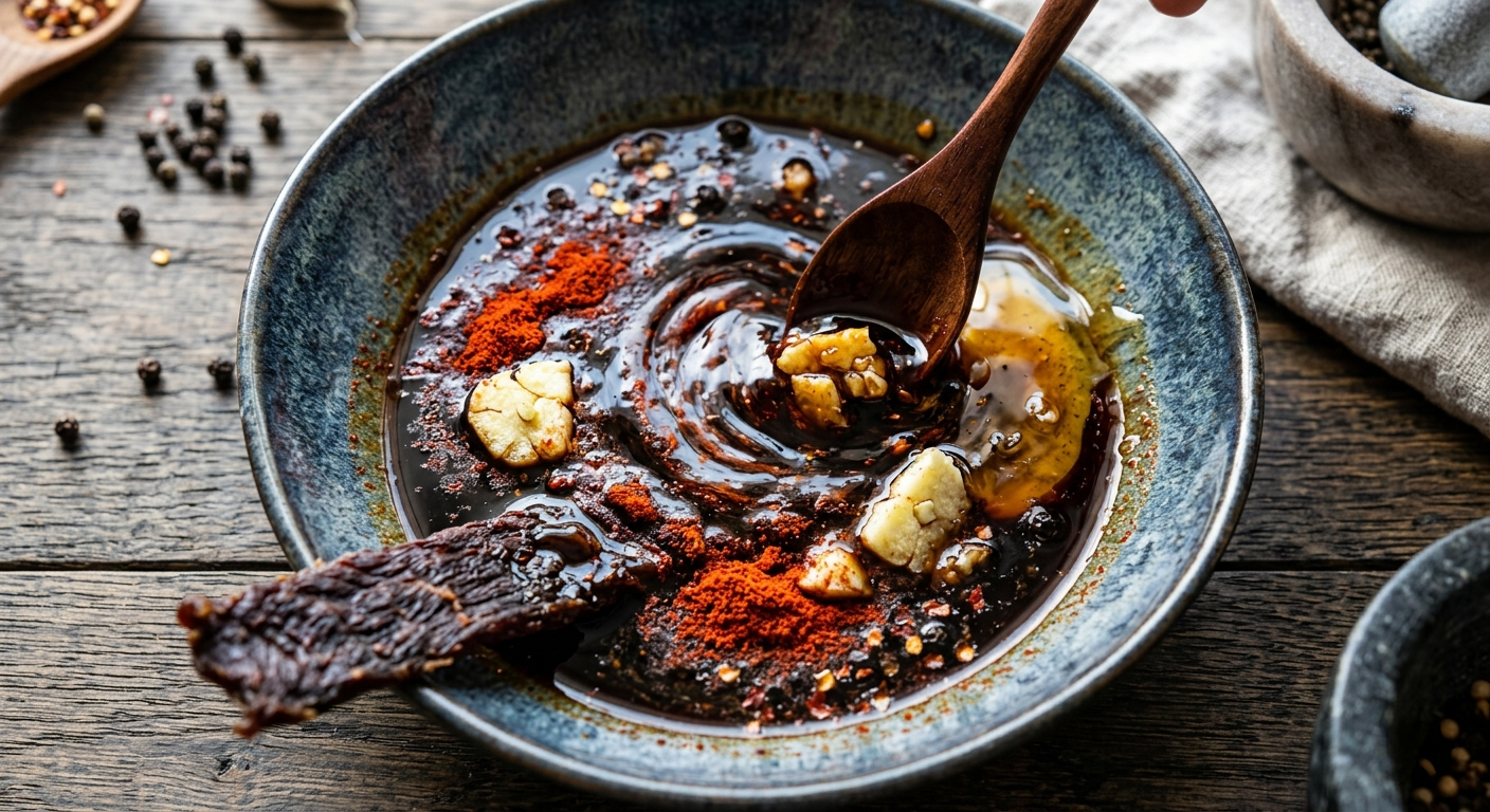 A close-up of a rich, dark beef jerky marinade made with alcohol-free soy sauce, garlic, and honey in a ceramic bowl.
