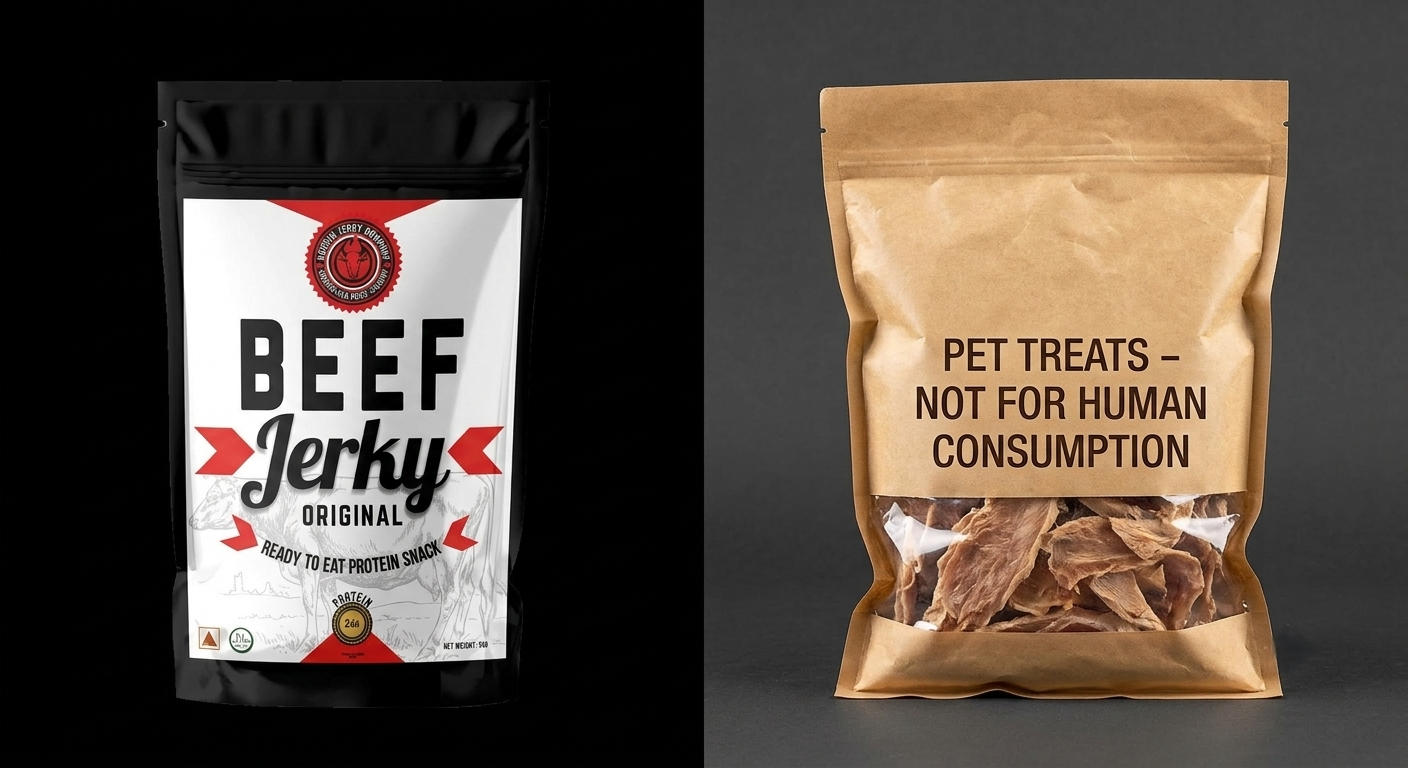 A split-screen studio photo comparing a sealed bag of Kochin Jerky 'HUMAN-GRADE' (FSSAI compliant) to a generic bag labeled 'PET TREATS.'