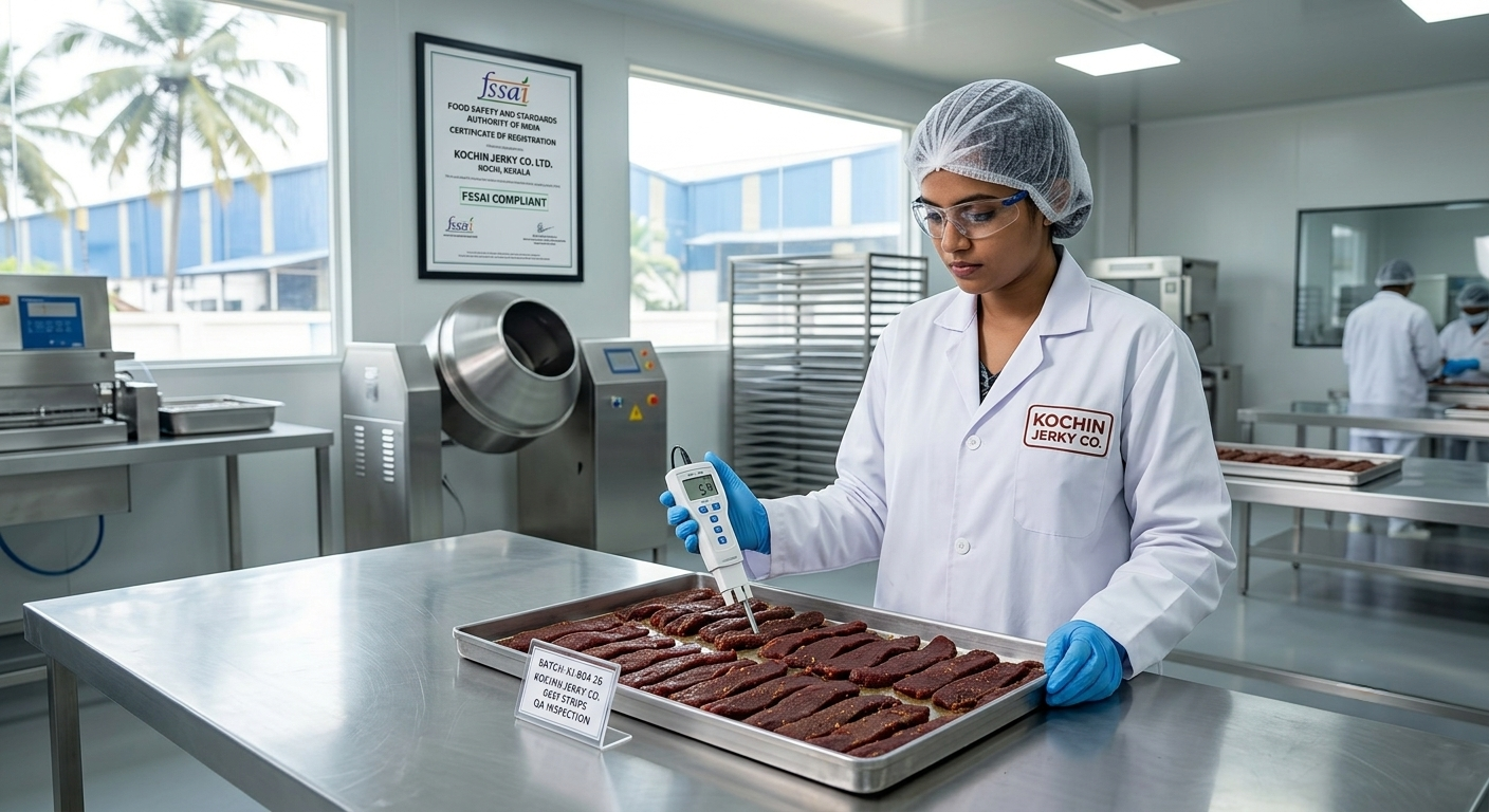 A hygiene-focused documentary photo of a QA inspector in a sterile kitchen environment (Kochi, India), holding a digital meter to dark marinated beef jerky strips with an FSSAI certificate visible on the wall.