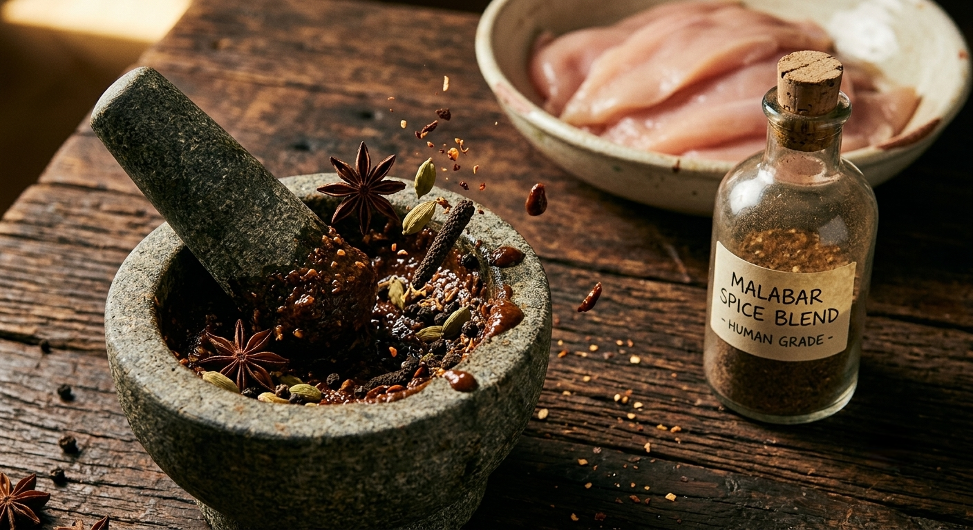 Close-up of a mortar and pestle crushing spices into a dark marinade. Spices like black pepper and cardamom are visible. A bottle labeled 'MALABAR SPICE BLEND - HUMAN GRADE' is in the background.