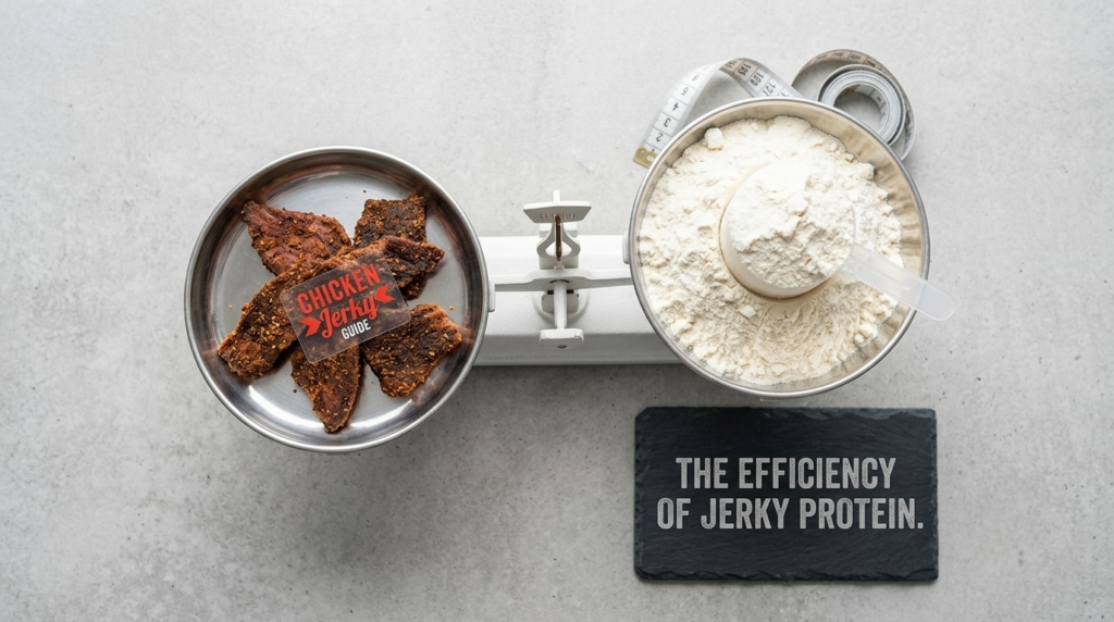 Precision scale showing 2 grams of jerky balancing a huge scoop of white powder, titled 'THE EFFICIENCY OF JERKY PROTEIN.'