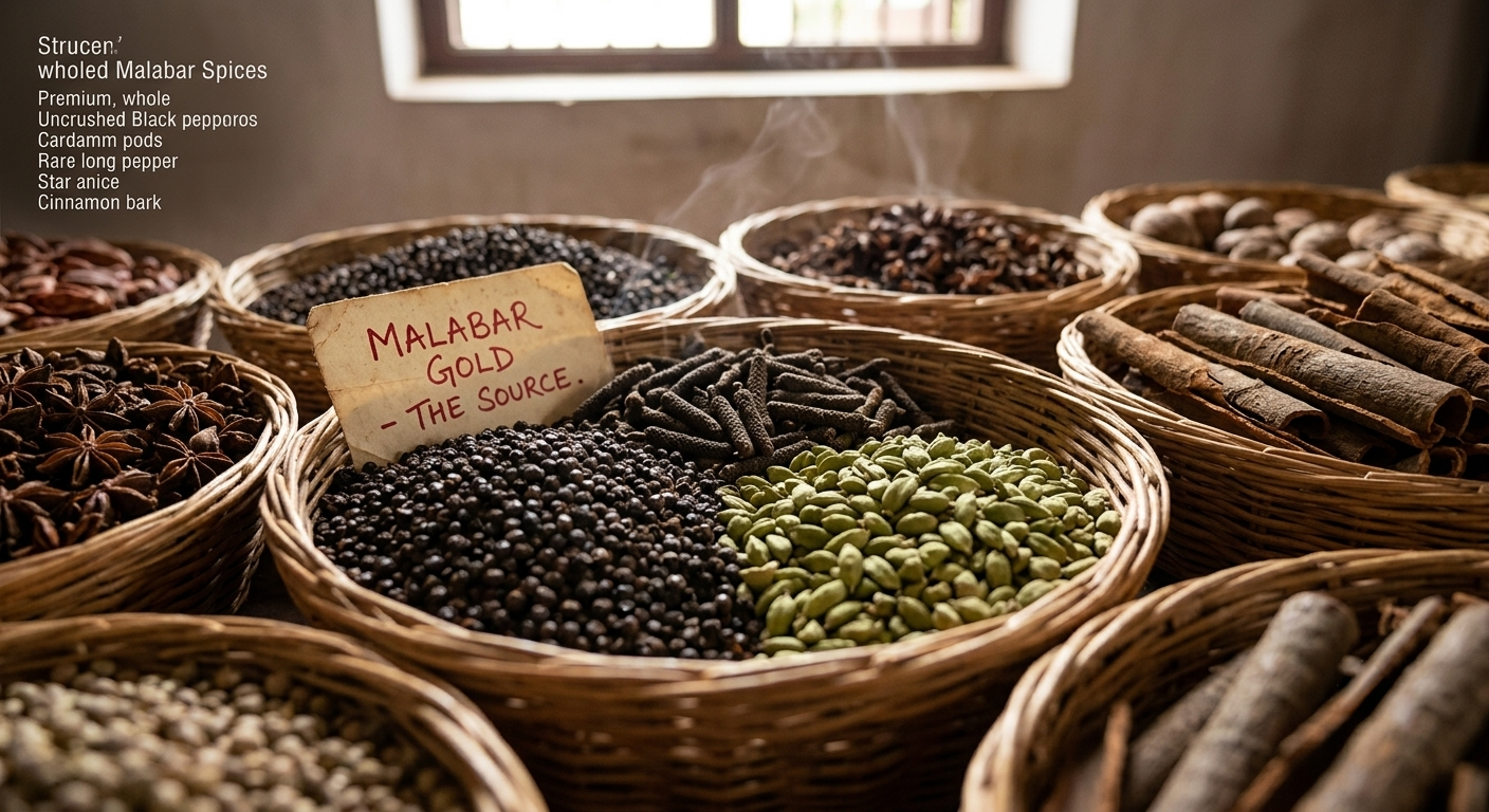 An intimate, detailed overhead photo in a cool storage room showing baskets of varied whole spices like black peppercorns and cardamom with a handwritten red script label 'MALABAR GOLD - THE SOURCE.'