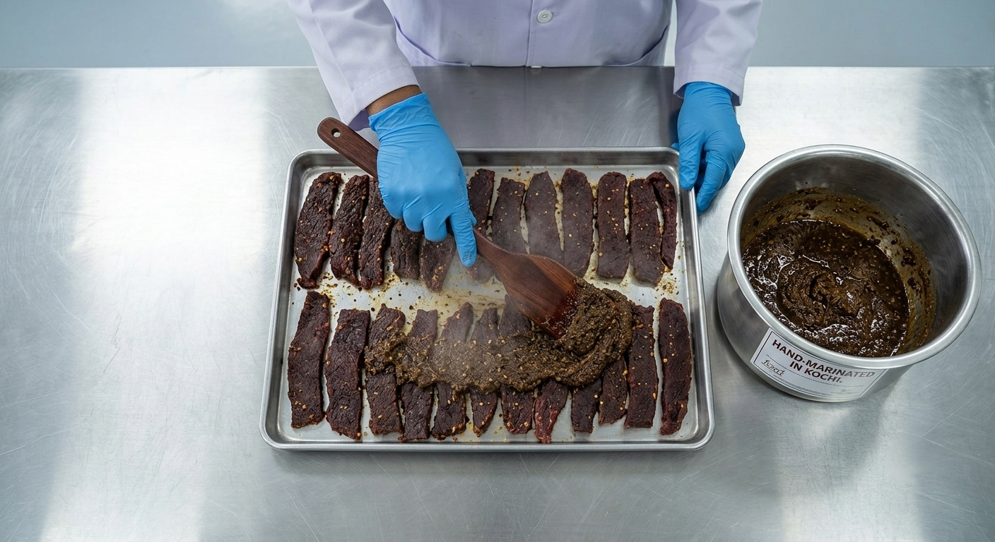 A detailed overhead action photo in a clean kitchen showing gloved hands mixing a dark spice marinade into long raw beef strips with a bowl labeled 'HAND-MARINATED IN KOCHI.'