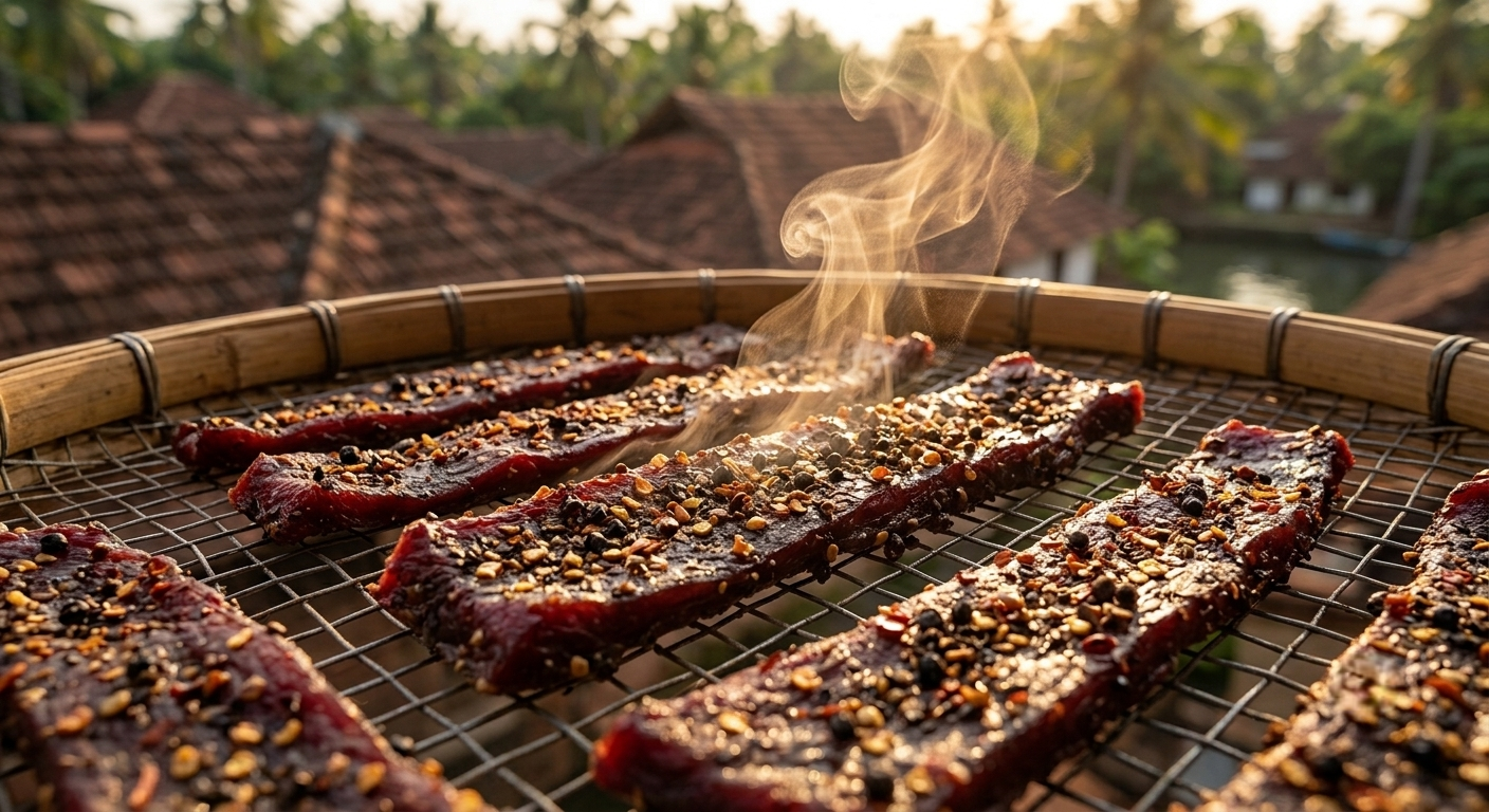 A close-up sensory photo under warm sunlight showing finished dark spiced beef jerky strips on a drying rack with a visible wisp of aromatic vapor rising and a blurred Kerala landscape background.