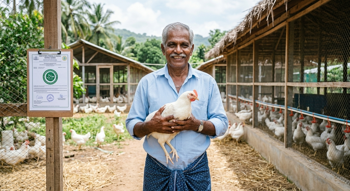 A high-key documentary portrait of a smiling elderly Indian farmer holding a single chicken on a clean, modern Kerala ethical farm with coops visible and a 'Halal Certified Supply Chain' document.