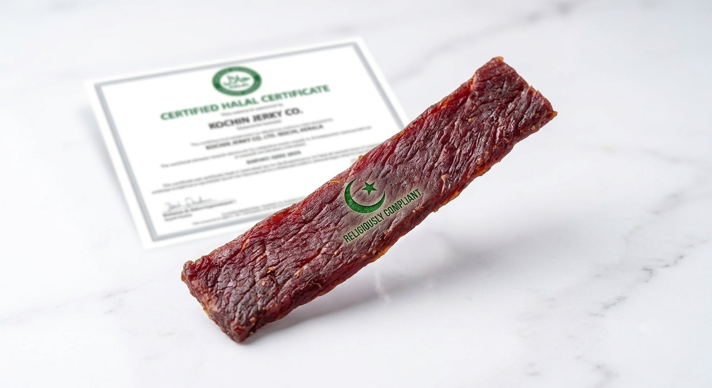 A close-up high-key photo of a single dark premium strip of Kochin Jerky on marble, featuring an etched green crescent stamp and the text 'RELIGIOUSLY COMPLIANT.'