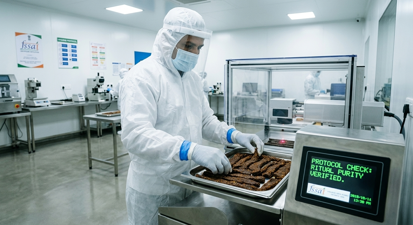 A precise lab photo of a technician in a sterile suit operating a machine to mark dark beef strips, next to a screen showing 'PROTOCOL CHECK: RITUAL PURITY VERIFIED' in green text.