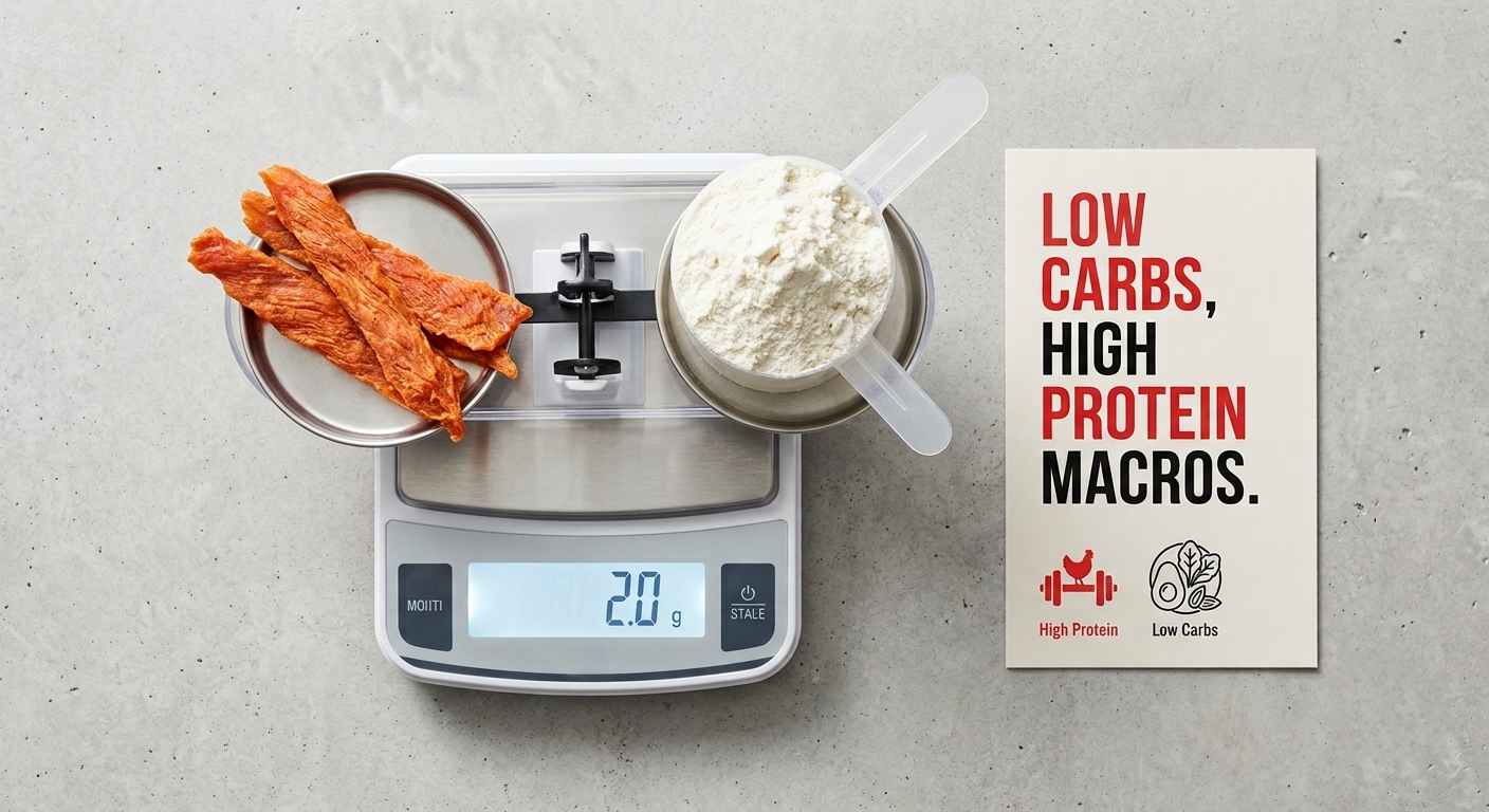 An overhead high-key photo of a scale balancing jerky strips (orange-red texture) against a scoop of white powder, with a nearby card reading 'ZERO CARBS, HIGH PROTEIN MACROS.'