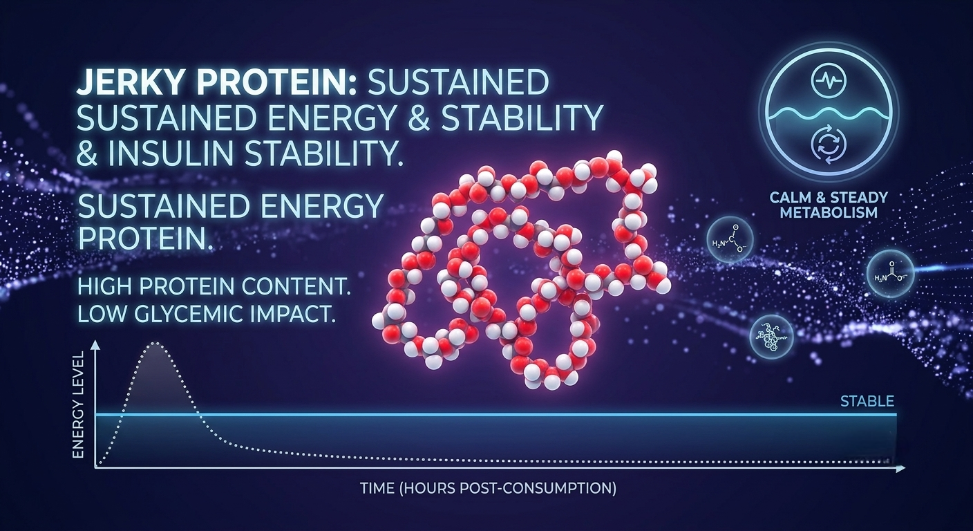 A futuristic graphic visualization with glowing particle streams and a molecular protein model against a dark background, showing a flat blue line and the text 'JERKY PROTEIN: SUSTAINED ENERGY & INSULIN STABILITY.'