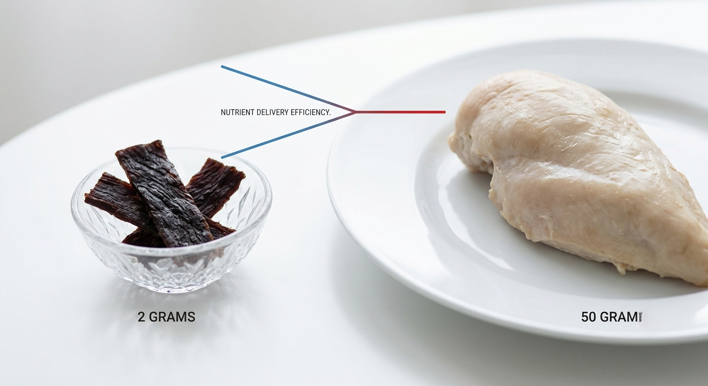 A high-key close-up comparative photo with soft diffused lighting on white marble, showing a tiny bowl of concentrated jerky strips next to a large plate of whole roasted chicken, with a graphic overlay and text 'NUTRIENT DELIVERY EFFICIENCY.'