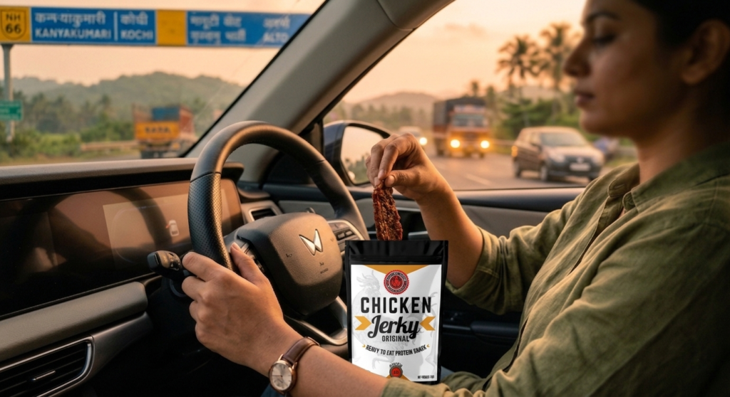 A driver pulling a strip of chicken jerky from a pouch resting in the center console of a car during a sunset road trip.