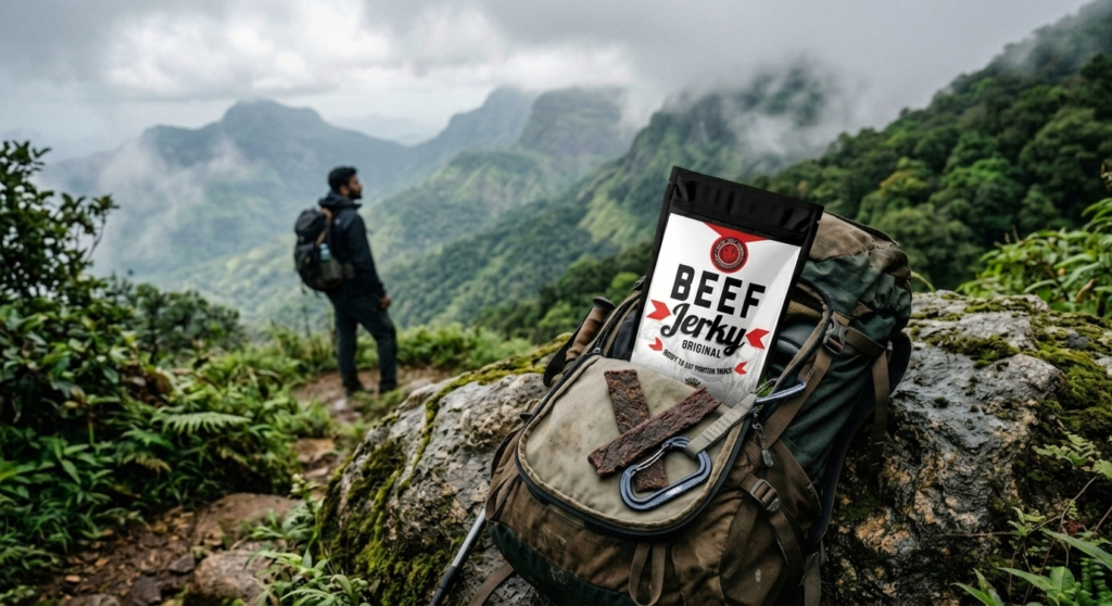 A hiking backpack resting on a rock with a pouch of high-protein beef jerky spilling out against a mountainous backdrop.