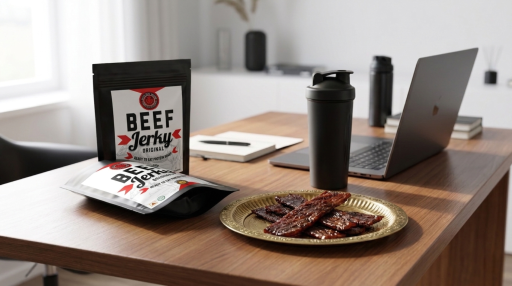 An open bag of premium beef jerky on a desk with a traditional brass plate and a modern gym shaker bottle.