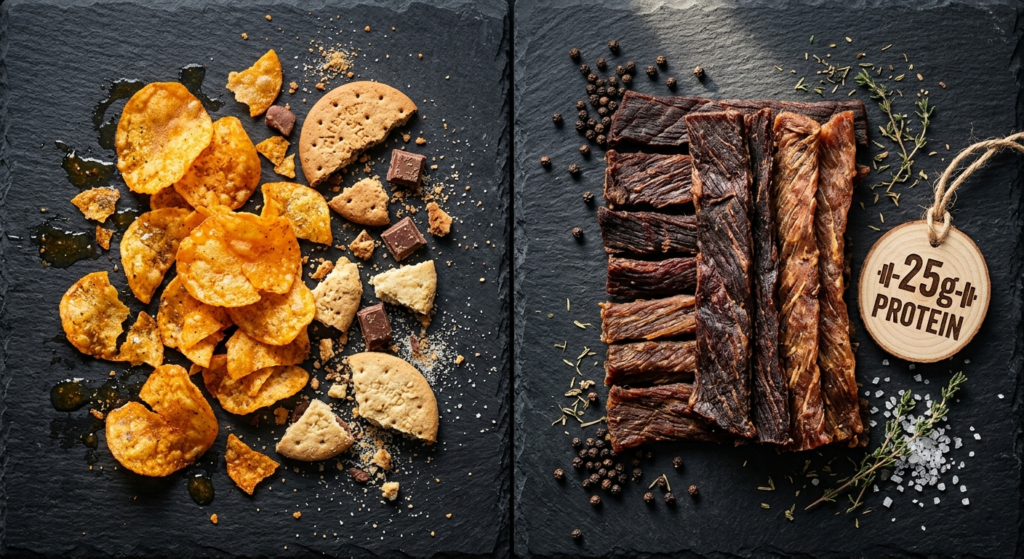 A visual comparison showing greasy potato chips and biscuits next to clean, high-protein artisan jerky strips.