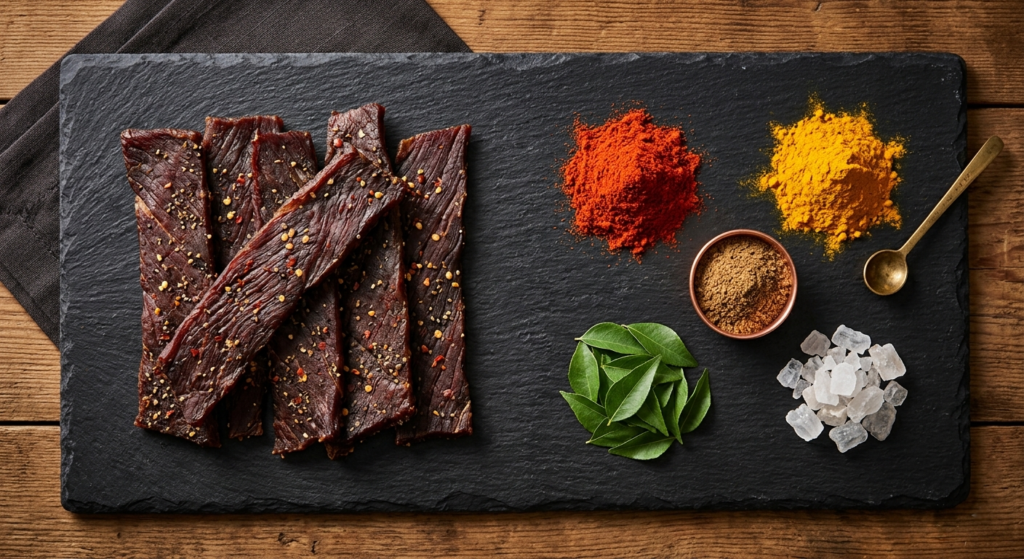 A side-by-side comparison of modern beef jerky and traditional Indian spices like turmeric, chili powder, and curry leaves on a slate slab.