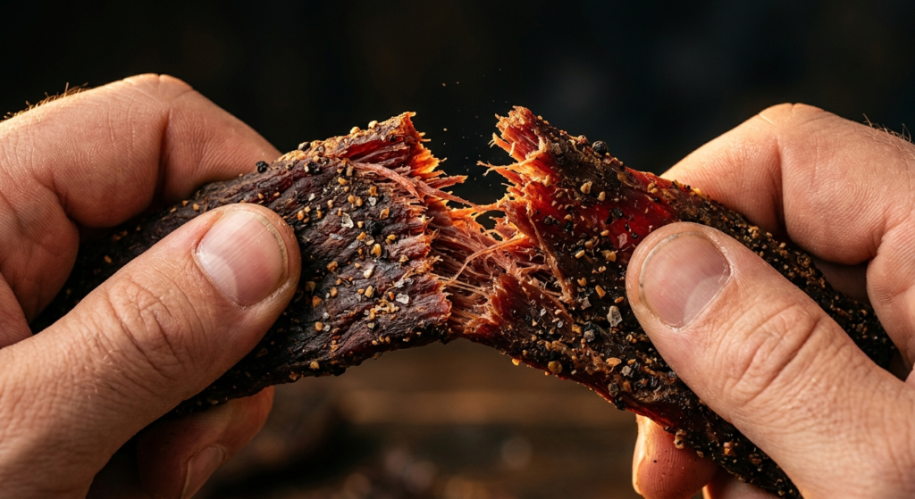 Macro photography of a person tearing a piece of thick beef jerky in half, revealing the cured muscle fibers inside.