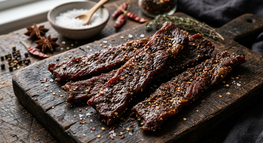 Close-up of premium, peppered beef jerky strips on a rustic wooden board surrounded by raw spices.